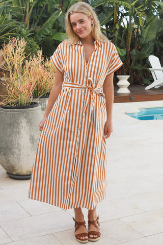 Salty palm stripe shirt dress in Tan